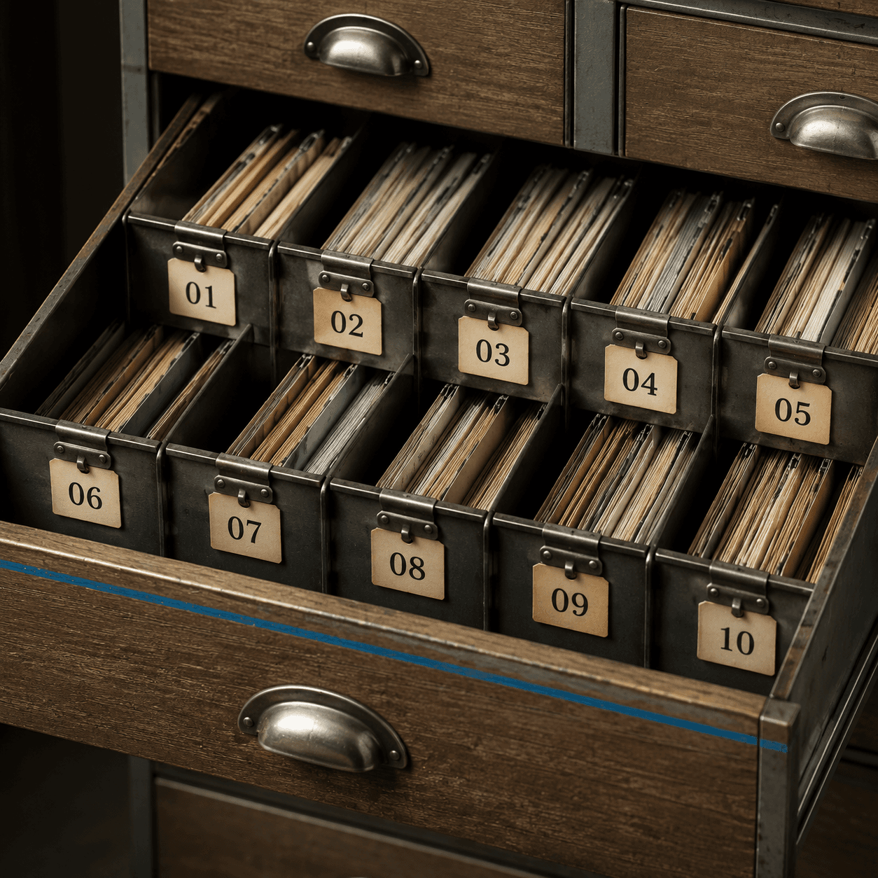 Drawer Tag Set — An open drawer with every compartment fronted by a clipped tag.